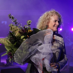 Carole & her birthday flowers -Leeuwin Estate,  Margaret River, Australia. Photo by Elissa Kline 